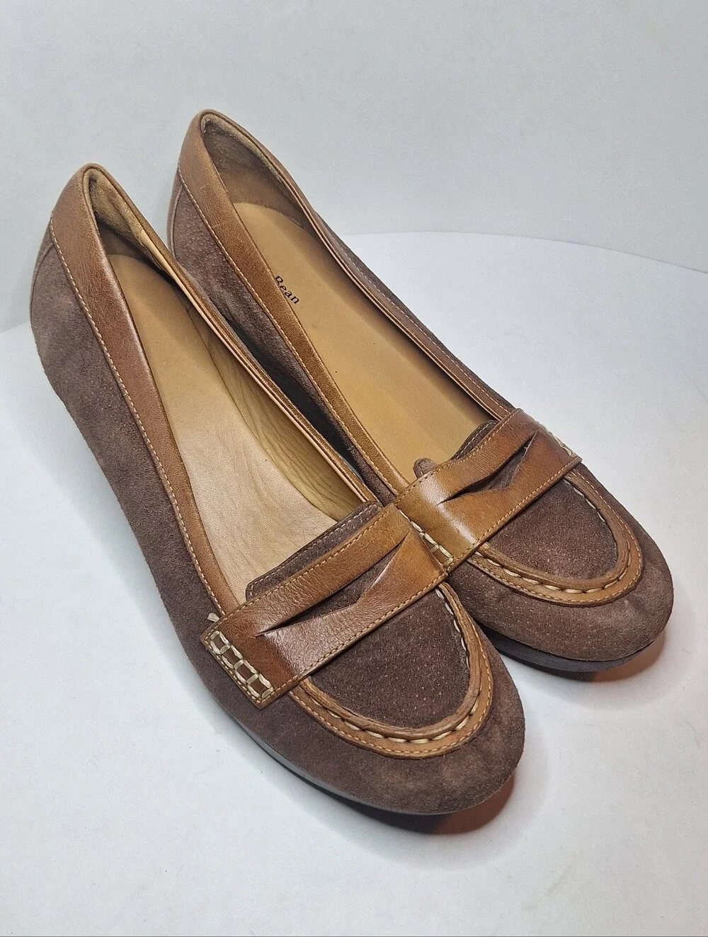 L.L. Bean Shoes Taupe Brown Suede Leather Wedge Penny Loafers Slip On Sz US 11 M